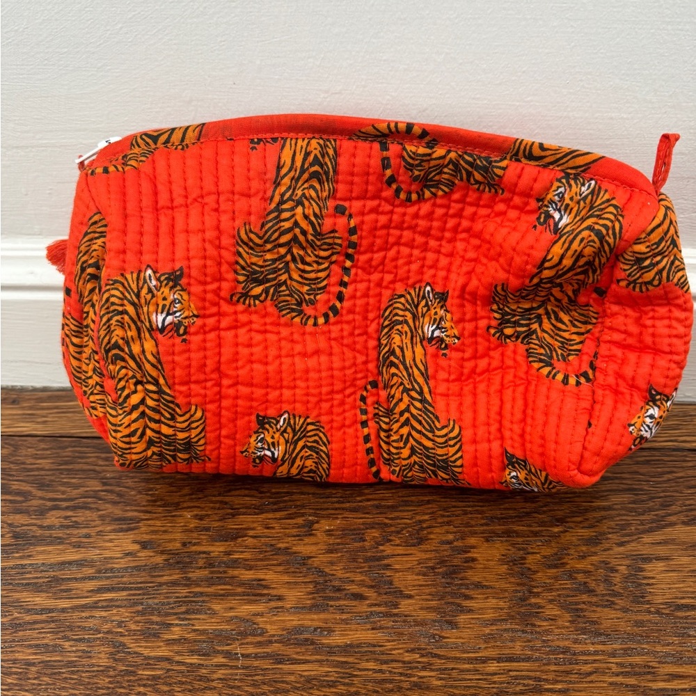 New Tiger Print Quilted Cosmetic Pouch - Bright Orange